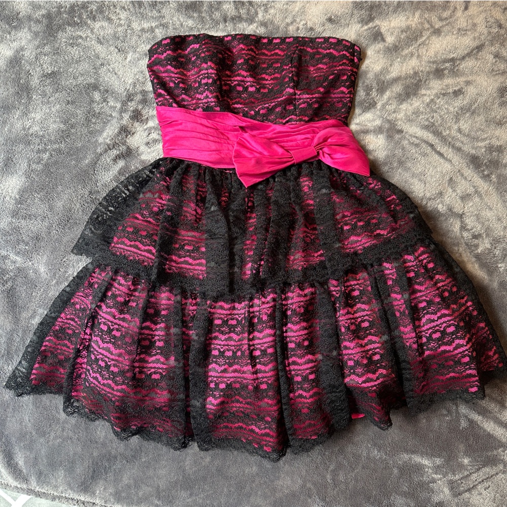 Vintage Betsey Johnson Strapless Evening Dress Pink & Black Lace Bow Small NWOT